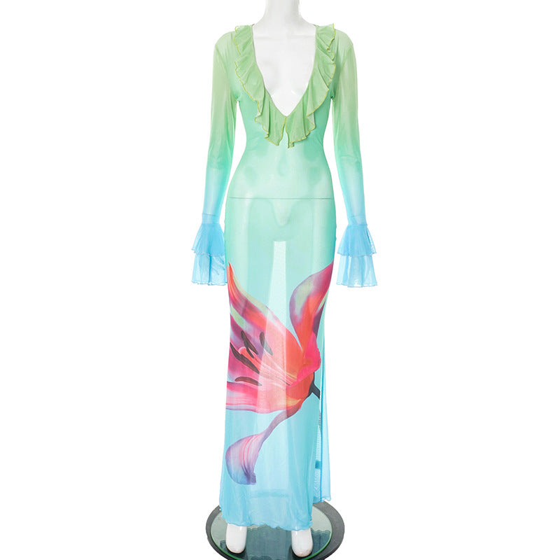 Long flared sleeve v neck mesh flower print ruffle maxi dress