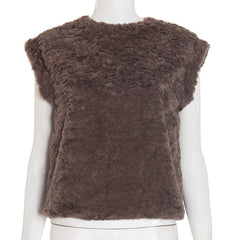 Cap sleeve fluffy crewneck button top