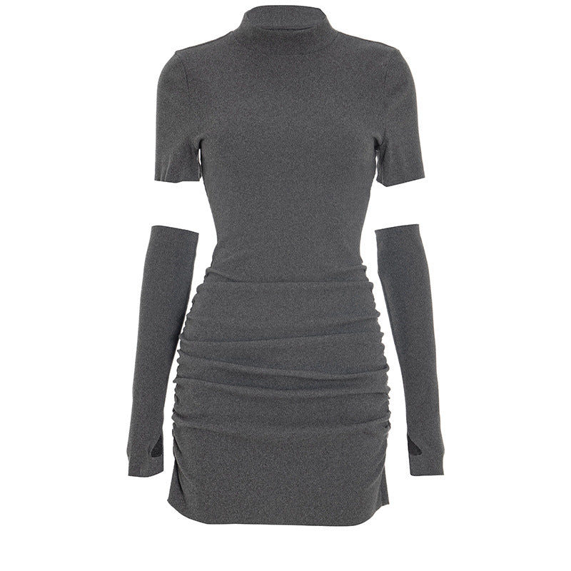Crewneck gloves ruched solid mini dress