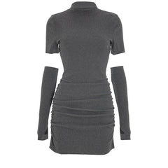 Crewneck gloves ruched solid mini dress