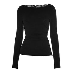 Crewneck long sleeve lace patchwork top
