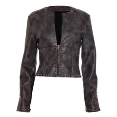PU leather long sleeve zip-up coat top