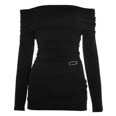 Off shoulder long sleeve solid ruched mini dress
