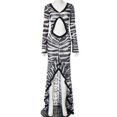 Zebra print hollow out slit ruffle cut out maxi dress