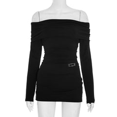 Off shoulder long sleeve solid ruched mini dress