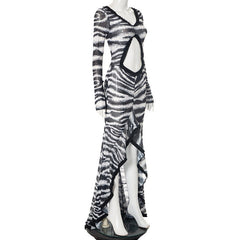 Zebra print hollow out slit ruffle cut out maxi dress