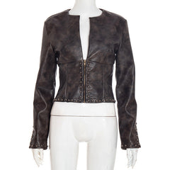 PU leather long sleeve zip-up coat top