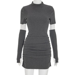 Crewneck gloves ruched solid mini dress
