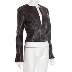 PU leather long sleeve zip-up coat top