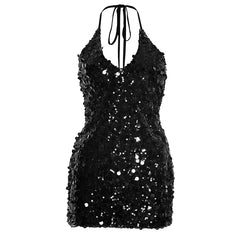 Halter glitter self tie backless mini dress