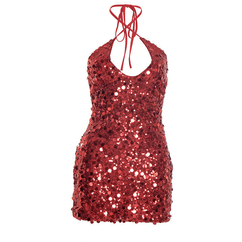 Halter glitter self tie backless mini dress