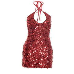 Halter glitter self tie backless mini dress