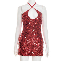 Halter glitter self tie backless mini dress