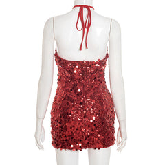 Halter glitter self tie backless mini dress