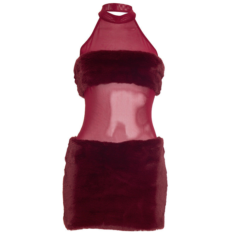 Halter fluffy mesh patchwork mini dress