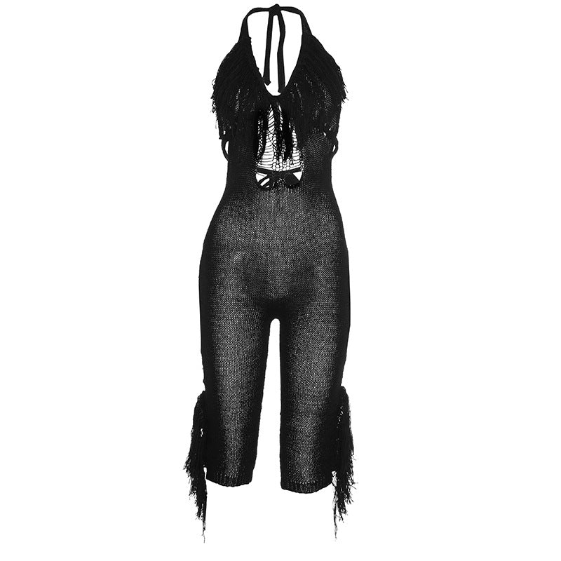 Halter tassels self tie hollow out jumpsuit