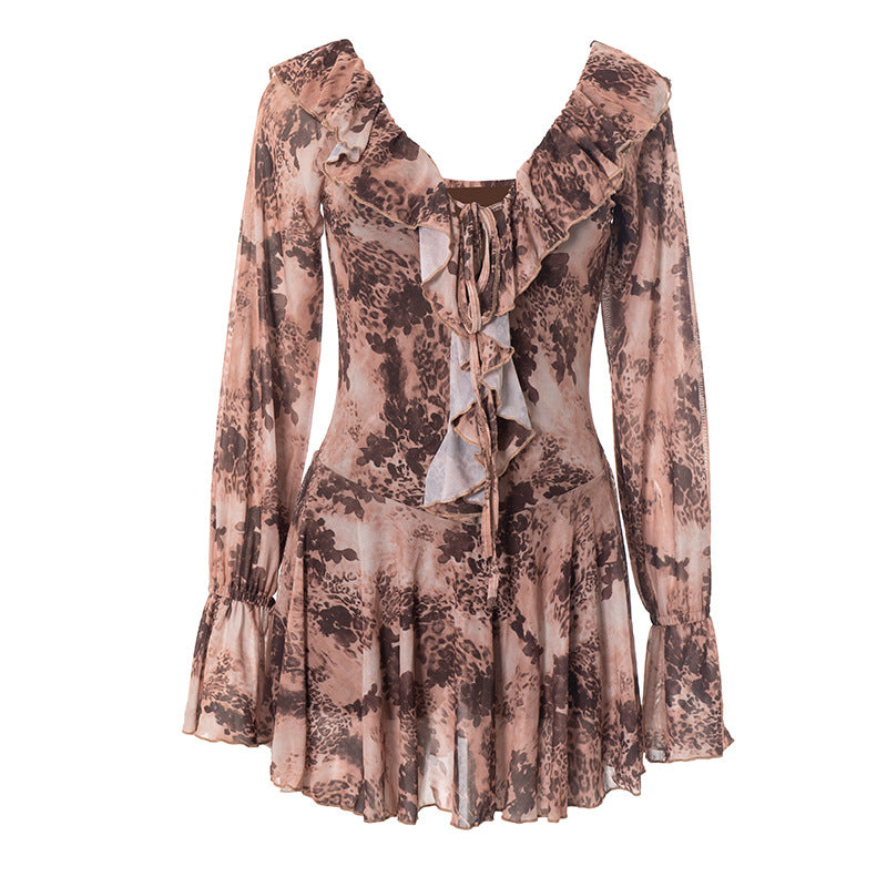 Long flared sleeve ruffle lace up print mini dress
