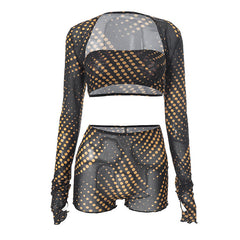 Polka dot long sleeve mesh 3 piece short pant set