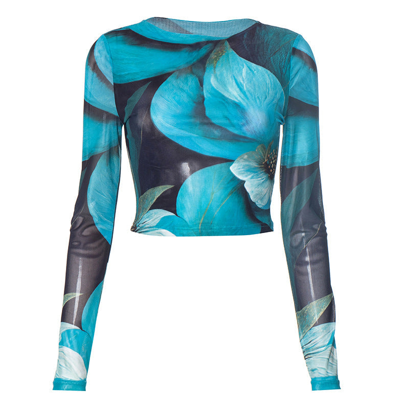 Long sleeve mesh flower print crop top