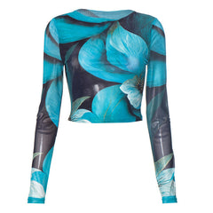 Long sleeve mesh flower print crop top