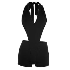 Halter v neck backless solid romper
