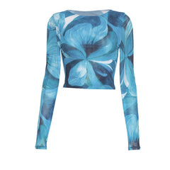 Long sleeve mesh flower print crop top