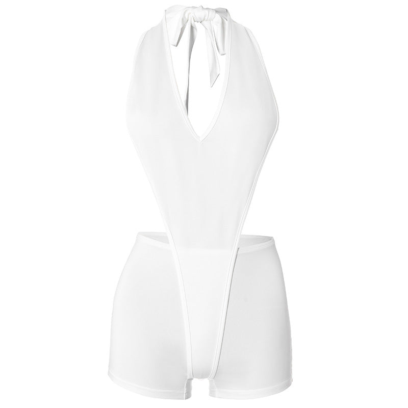 Halter v neck backless solid romper