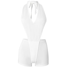 Halter v neck backless solid romper