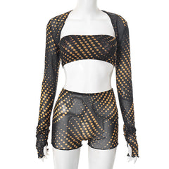 Polka dot long sleeve mesh 3 piece short pant set