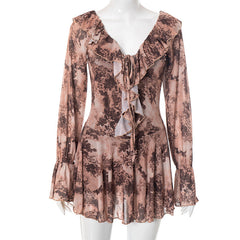Long flared sleeve ruffle lace up print mini dress