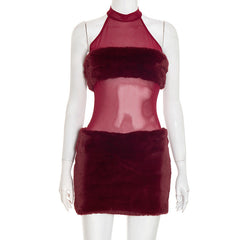 Halter fluffy mesh patchwork mini dress