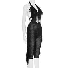 Halter tassels self tie hollow out jumpsuit