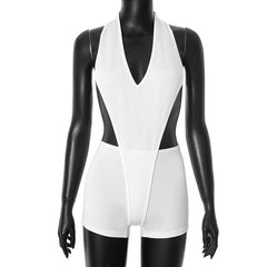 Halter v neck backless solid romper