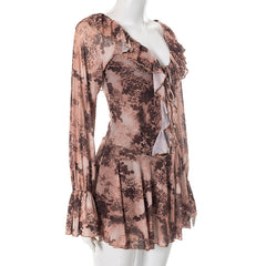 Long flared sleeve ruffle lace up print mini dress