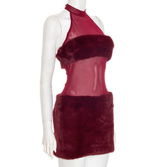 Halter fluffy mesh patchwork mini dress