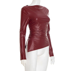 PU leather long sleeve slit top