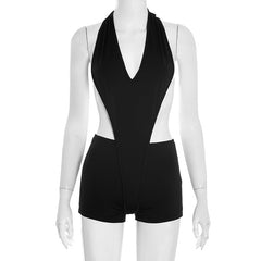 Halter v neck backless solid romper