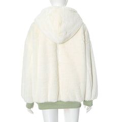 Long sleeve hoodie fluffy 2-way pocket zip-up coat top
