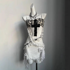 Leopard print cross pattern ruffle cami mini dress