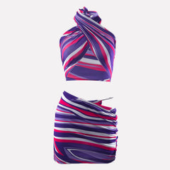 Striped print halter contrast mini skirt set