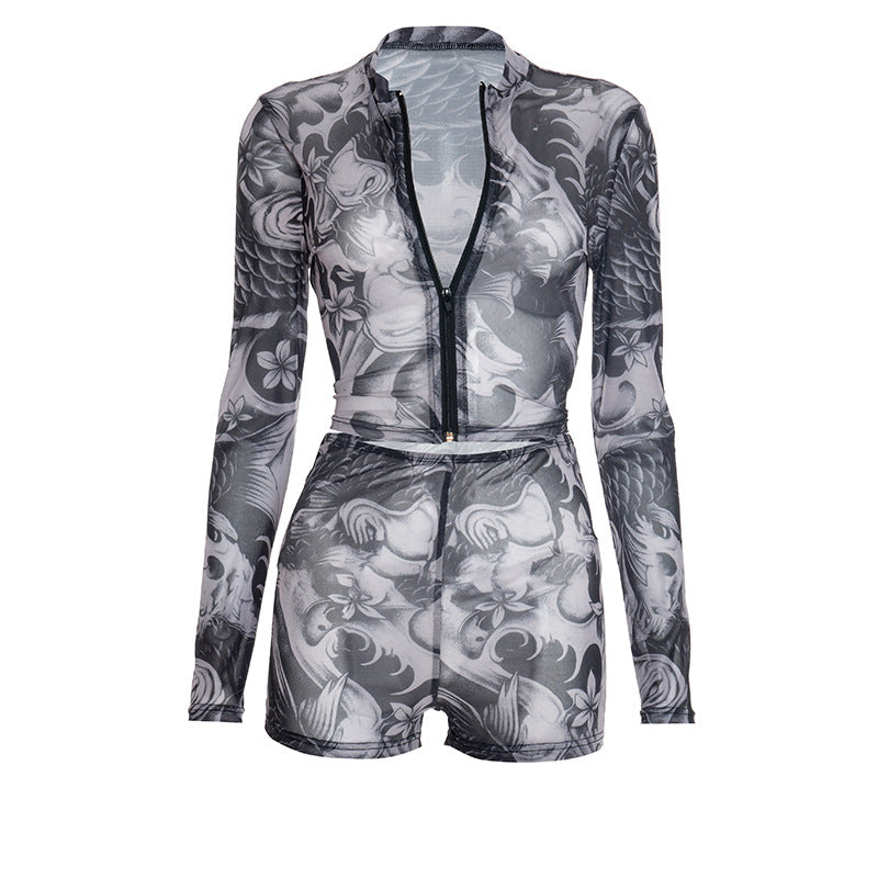 Long sleeve abstract zip-up mesh short pant set