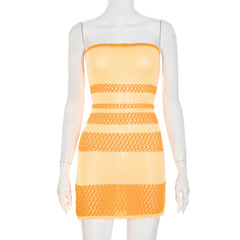 Striped print knitted self tie tube mini dress