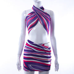 Striped print halter contrast mini skirt set