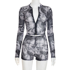 Long sleeve abstract zip-up mesh short pant set