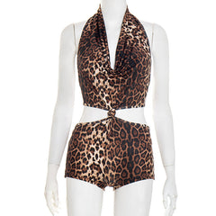 Halter leopard print self tie romper