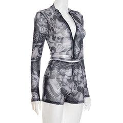 Long sleeve abstract zip-up mesh short pant set
