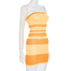 Striped print knitted self tie tube mini dress