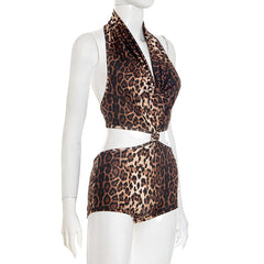 Halter leopard print self tie romper