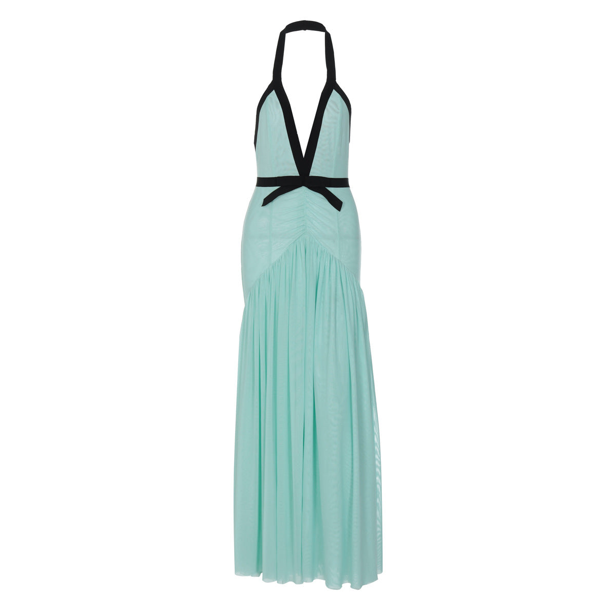 Halter ruched mesh deep V neck maxi dress
