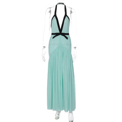 Halter ruched mesh deep V neck maxi dress